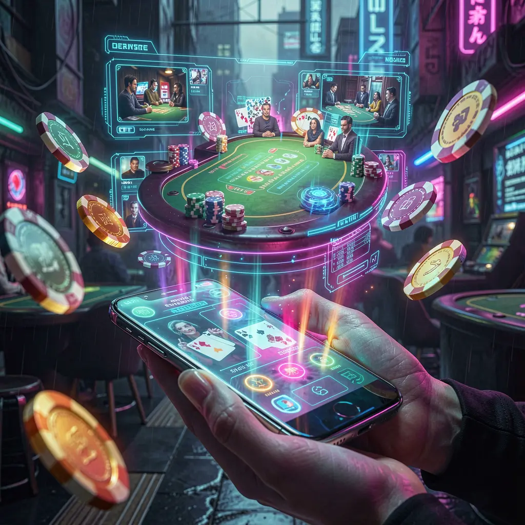 Holographic casino interface with glowing chips and floating coins projected from a smartphone showcasing the AQ123 app experience in Bangladesh