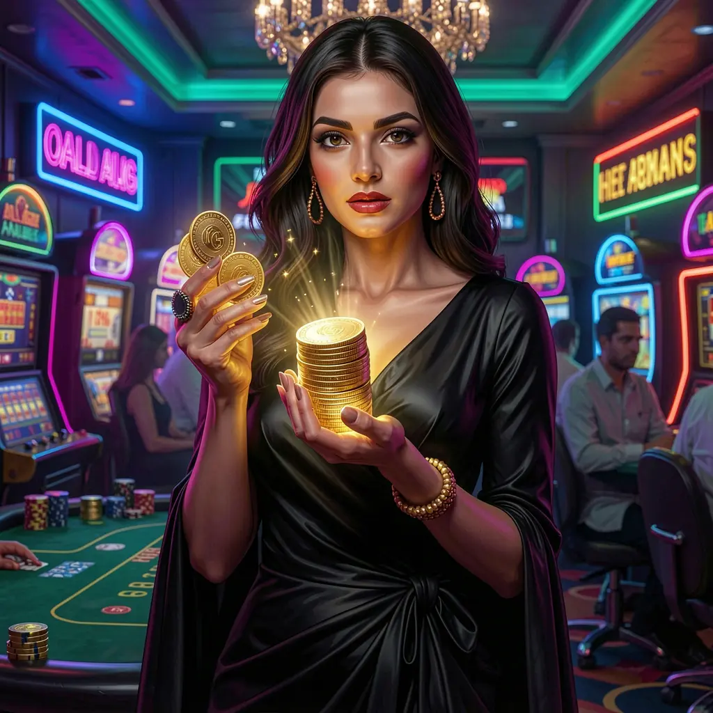 Confident woman in a luxury casino setting holding poker chips with neon lights reflecting the high quality gaming atmosphere of AQ123 in Bangladesh