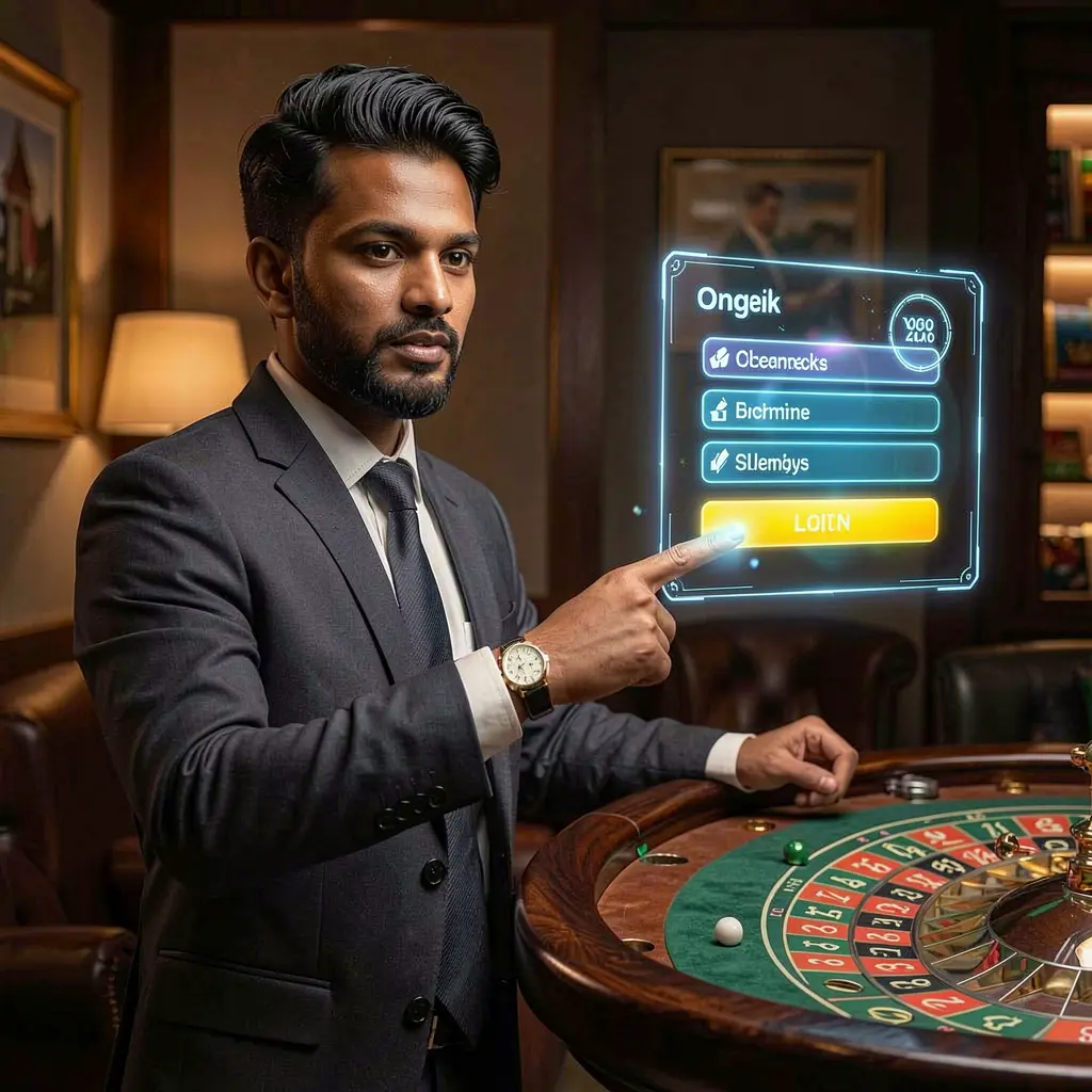 Professional Bangladeshi AQ123 casino dealer pointing at a futuristic holographic login panel with a glowing roulette table behind him